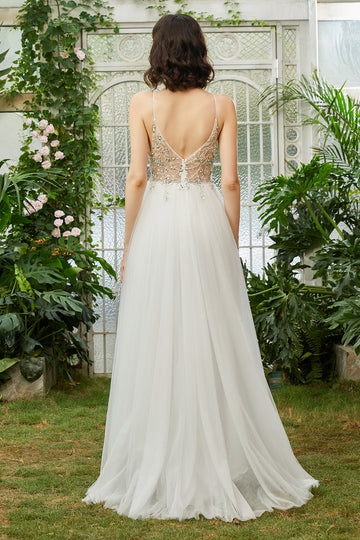 Tulle Spaghetti Straps White Long Ball Dress with Beading